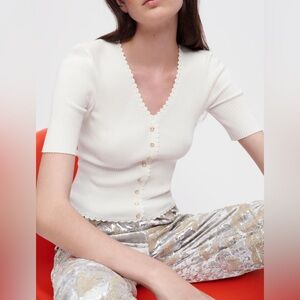 Maje knit pullover Rick rack finishing White Ribbed Button Up Top size small